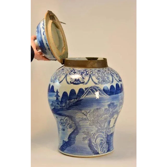 Giant 18th Century Chinese Blue & White Porcelain Landscape Scene Palace Floor Vase or Jar with Cover For Sale - Image 10 of 11