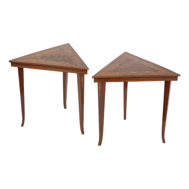Pair of Vintage Italian Sorrento Style Marquetry Triangular Side Tables, C. 1970 For Sale