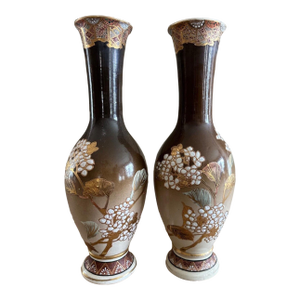 Pair of Antique Japanese Satsuma Vases With Floral Butterfly Motif