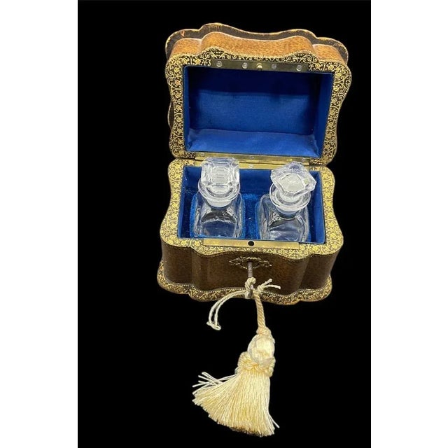 Antique Traveling Perfume Bottle in Leather Bound Ornate Case and Blue Velvet, 1800s For Sale - Image 11 of 12