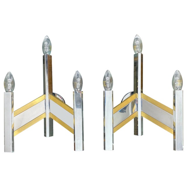 Chrome & Brass Geometric Sconces by Sciolari, Italy, 1970s, Set of 2 For Sale - Image 9 of 9