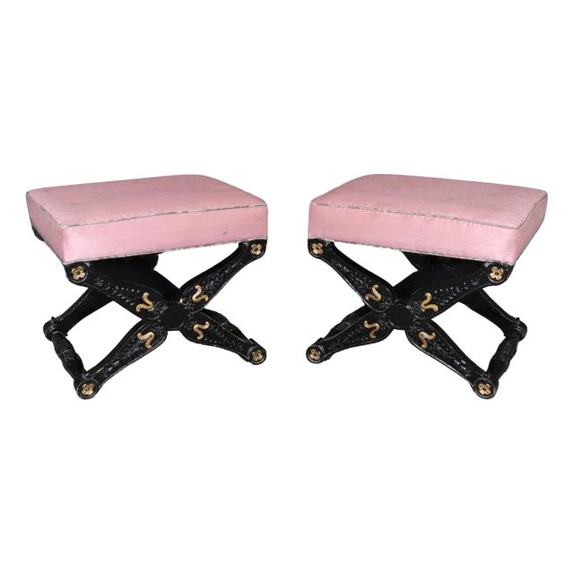 Pair of 1980s Ebonized and Gilded Baker Carved French Louis XV Style X Form Stools For Sale