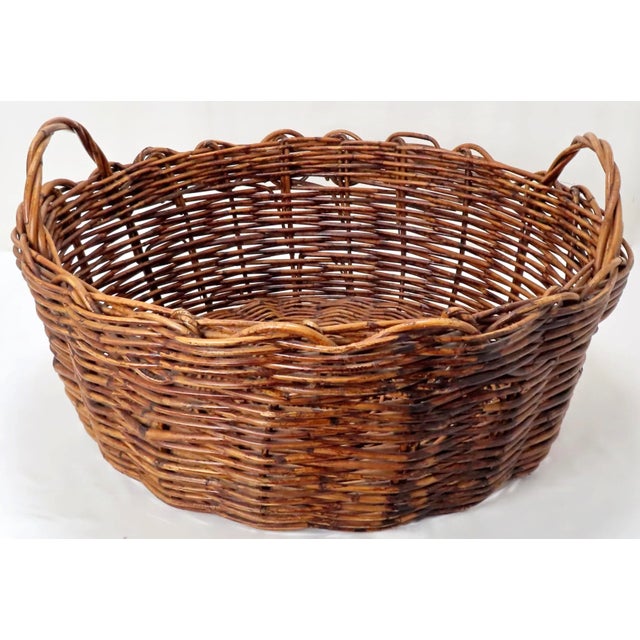 American Large Size Vintage Hand Woven Wicker Two Handle Laundry Basket For Sale - Image 3 of 13