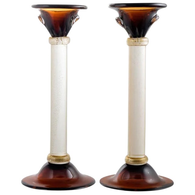 Murano Amber & "Avventurina" Glass Candlesticks - a Pair For Sale