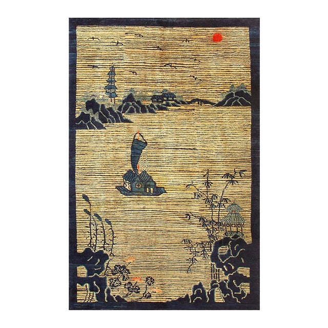 1920s Beige Neutral Field Traditional Chinese Symbolic Motifs Antique Peking Knotted Wool Rug For Sale