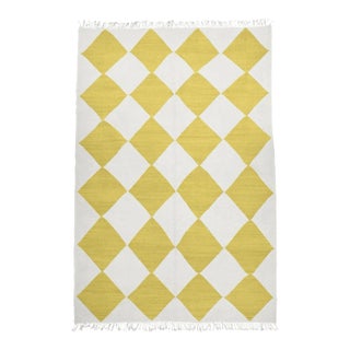 Mustard Yellow and White Diamond Checker Zanafi Flatweave Moroccan Wool Rug (Made-To-Order) 4x6' For Sale