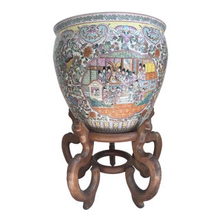 Late 20th Century Canton People Chinese Large Planter With Wooden Carved Stand For Sale