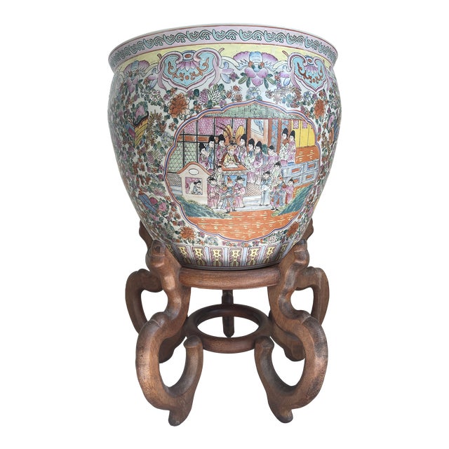 Late 20th Century Canton People Chinese Large Planter With Wooden Carved Stand For Sale