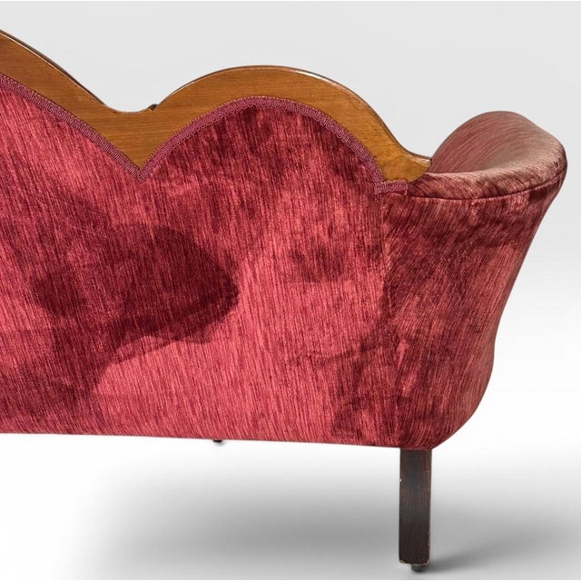 Antique Victorian Carved Walnut Triple Back Cranberry Velvet Settee For Sale - Image 14 of 18