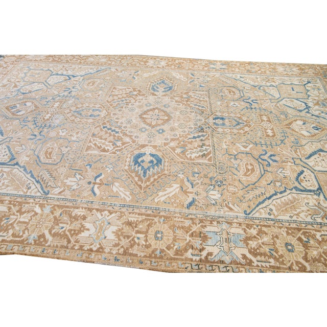Textile Antique Persian Heriz Handmade Medallion Tan and Blue Wool Rug For Sale - Image 7 of 11