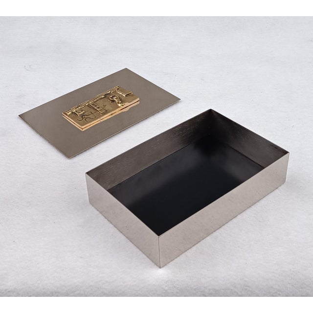 Chromed Metal Box with Carved Gilded Bronze Plate, 1980s For Sale - Image 4 of 8