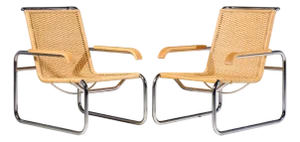 Marcel Breuer for Thonet B35 Mid Century Chrome and Rattan Lounge Chairs - Pair