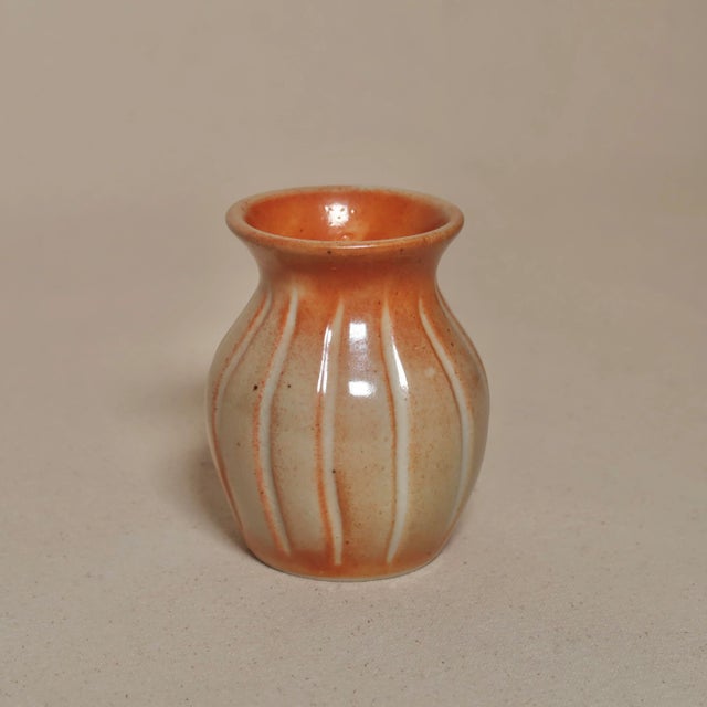 Hand-Thrown Studio Pottery Bud Vase With Warm Terracotta Glaze and Vertical Slip Trailing For Sale In Tulsa - Image 6 of 9