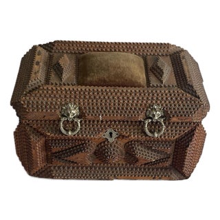 Antique French Tramp Art Carved Wooden Box With Velvet Cushion, Late 19th Century For Sale