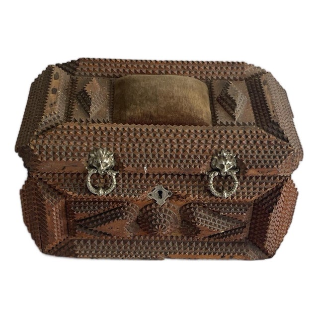 Antique French Tramp Art Carved Wooden Box With Velvet Cushion, Late 19th Century For Sale