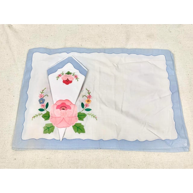 Blue Vintage Floral Appliqué Placemats With Napkins-Set of 12 For Sale - Image 8 of 13