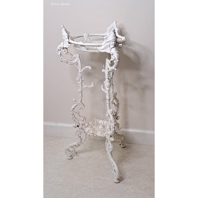 Vintage Ornate White Cast Iron Cherub Plant Stand, Victorian Revival Garden Pedestal For Sale In West Palm - Image 6 of 14