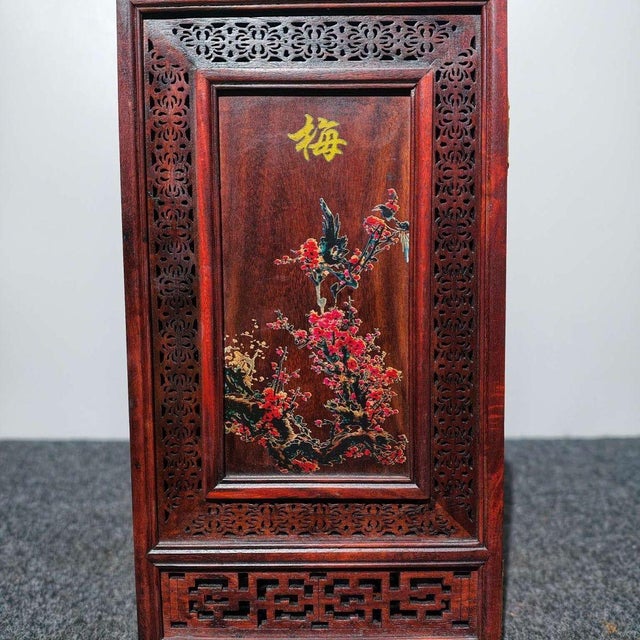 Wood Vintage Chinese Huali Rosewood Table Screen | Four Gentlemen Motif & Calligraphy For Sale - Image 7 of 10