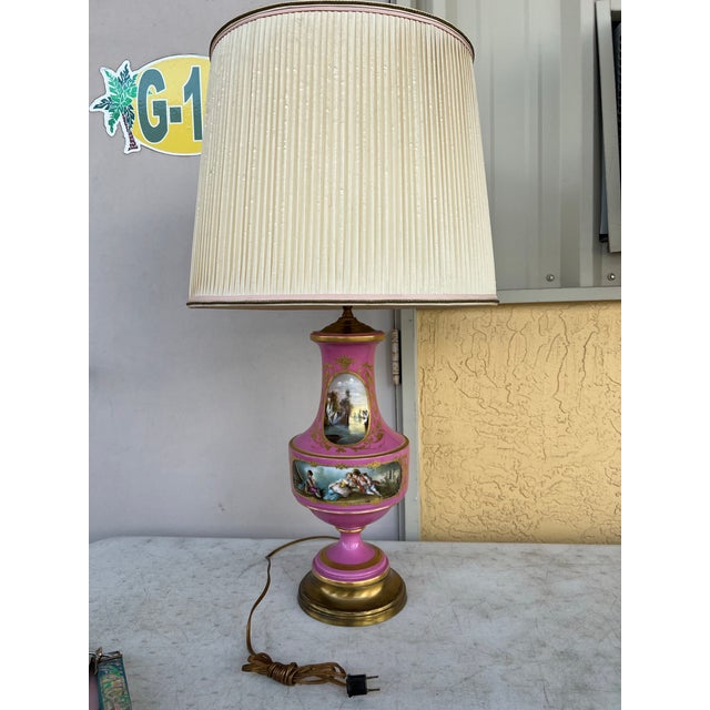 Vintage French Sevres Style Pink Porcelain Urn Table Lamp With Dual-Sided Hand-Painted Scenes For Sale - Image 12 of 12