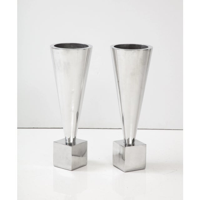 Silver 1970's Modernist Aluminum Planters/Vases - A Pair For Sale - Image 8 of 9