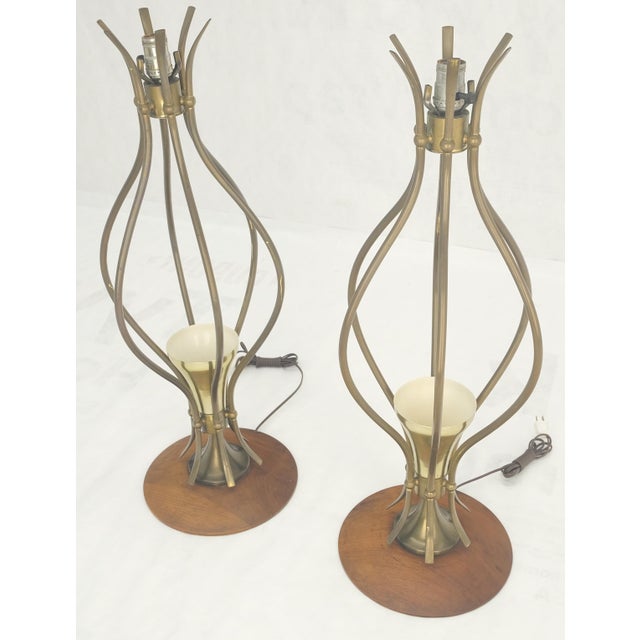 Pair of Onion Shape Turned Solid Walnut Bases Brass Harps Table Lamps MINT! For Sale - Image 9 of 13