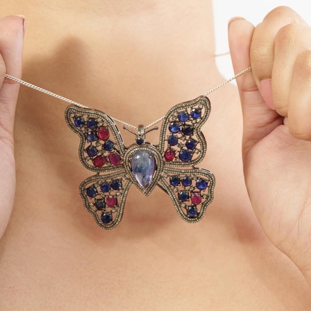 Blue Boho Chic 10Ct Multi Gem & Diamond Butterfly Statement Brooch Pin Pendant in 925 Silver For Sale - Image 8 of 15