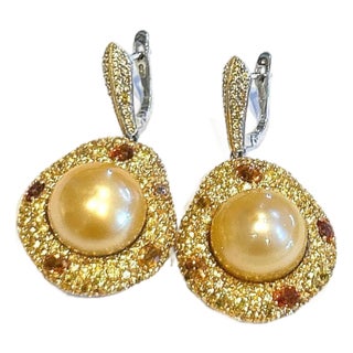 Bochic “Orient” Vintage Sapphire & Golden Pearl Earrings Set 18K Gold & Silver For Sale