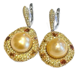 Bochic “Orient” Vintage Sapphire & Golden Pearl Earrings Set 18K Gold & Silver