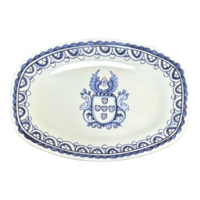 Vintage Brasao Blue and White Hand Painted Coat of Arms Catchall For Sale