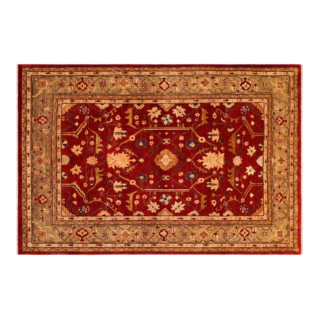 Boho Chic Ziegler Red Green Hand-Knotted Wool Rug - 8'0'' X 9'10'' For Sale