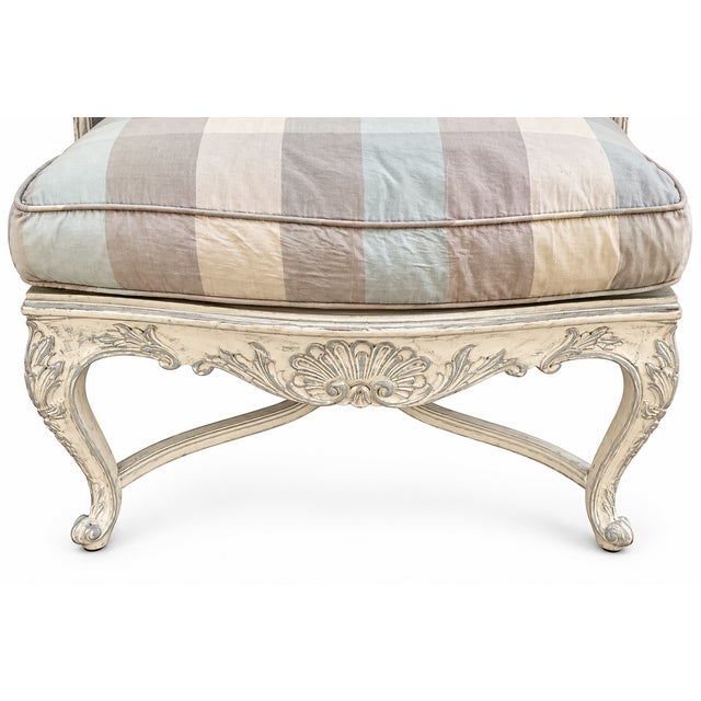 French Louis XV Style Carved Shell & Painted Caned Bergere Chairs -Pair For Sale - Image 9 of 11