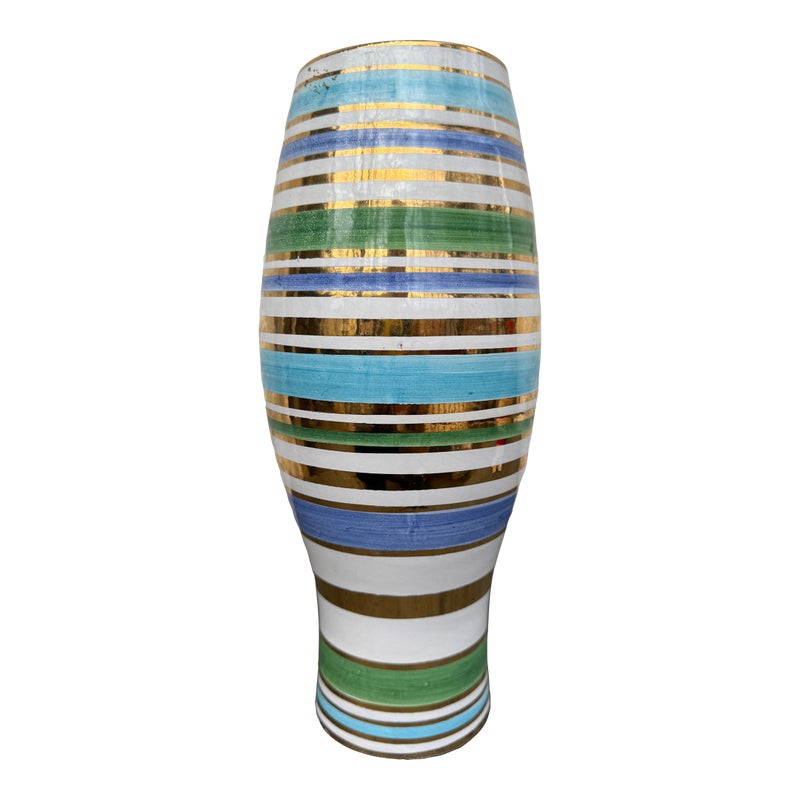 1960s Bitossi Aldo Londi Style Italy Ceramic Pottery Vase Gold Blue Stripes V11/40
