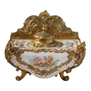 Sèvres French Porcelain & Gilt Bronze Inkwell Letter Holder, C. 1880 For Sale