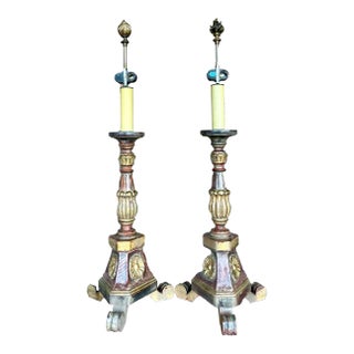 Vintage Boho Carved Pricket Lamps - a Pair For Sale
