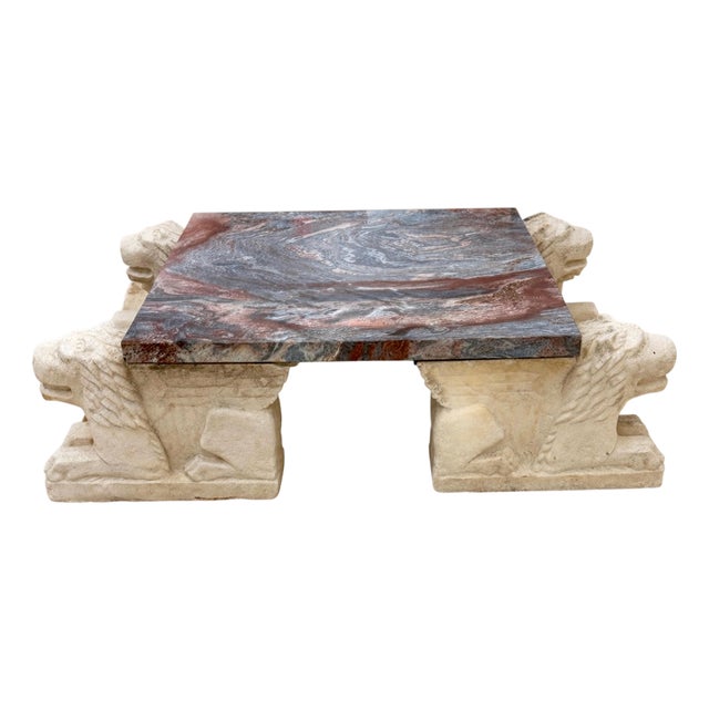 Monumental Italian Florentine Lion Coffee Table with Breccia Marble Top For Sale