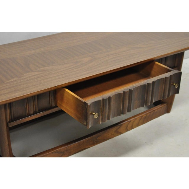 Brown Vintage Mid Century Modern Sculpted Walnut & Laminate Coffee End Table Set 3 Pc For Sale - Image 8 of 18