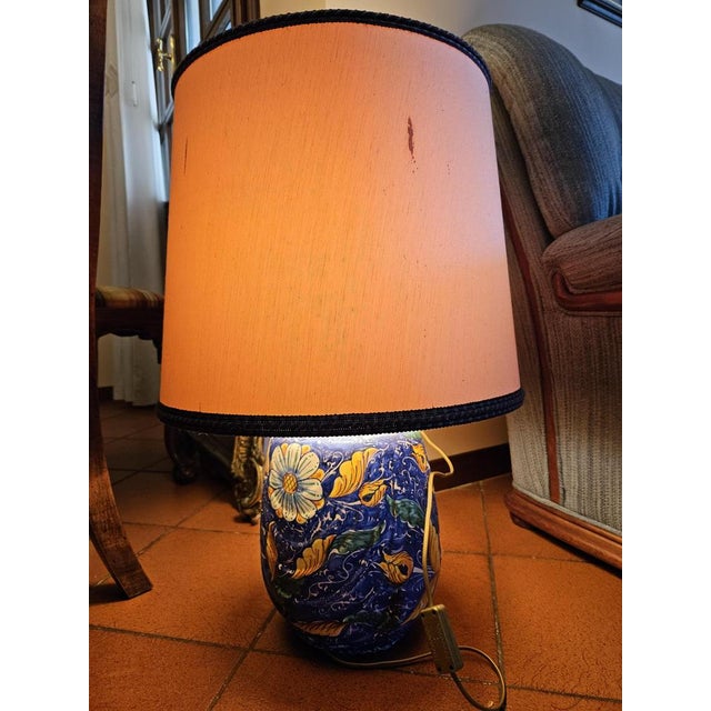 Painted Ceramic Table Lamp with Fabric Lampshade, 1970s For Sale - Image 6 of 16