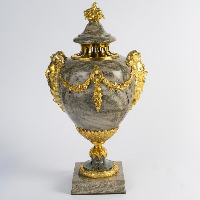 Louis XVI Green Granite Cassolettes with Gilded Bronze, Set of 2 For Sale - Image 4 of 9