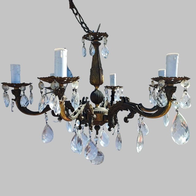 Vintage Six-Armed Chandelier with Glass Drops For Sale - Image 10 of 10