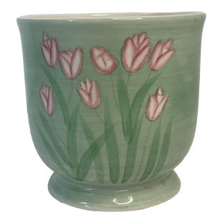 Vintage Pink Tulips on Mint Ground Ceramic Planter. For Sale