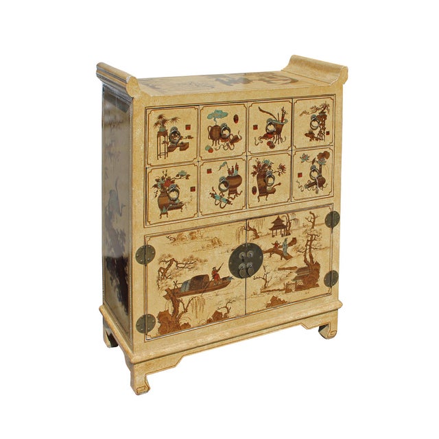 Chinese Golden Beige Veneer Print Graphic Side Table Drawers