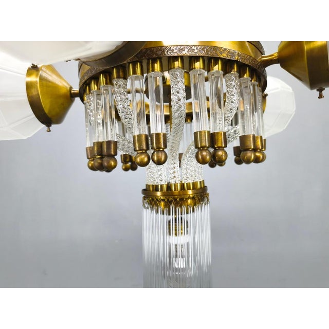 Metal Art Deco Brass and Glass Chandelier, Czech, 1950s For Sale - Image 7 of 18