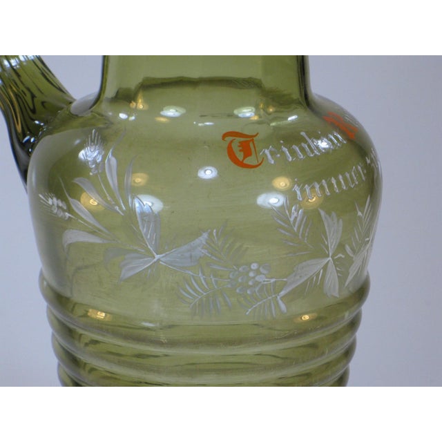 Late 19th Century German Beer / Wine Pitcher Bohemian Mouth Blown Glass, Hand Painted Enamel, Mery Gregory Style Glass For Sale - Image 12 of 15