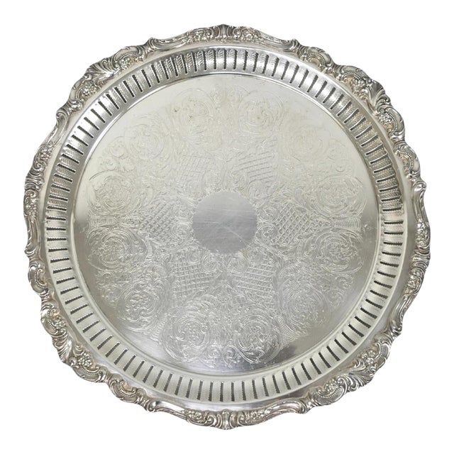 Vintage Baroque by Wallace Silver Plated Round Footed Serving Platter Bar Tray For Sale