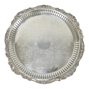 Vintage Baroque by Wallace Silver Plated Round Footed Serving Platter Bar Tray