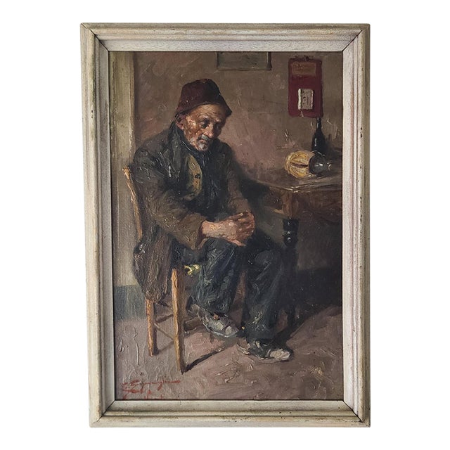 Edwardo Scognamiglio Antique Oil Painting Portrait of a Peasant For Sale