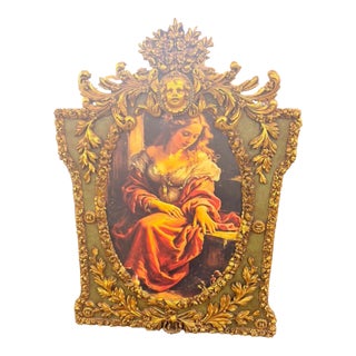 Vintage Grand French Rococo Lady Portrait Wall Art with Sage Green Panels For Sale