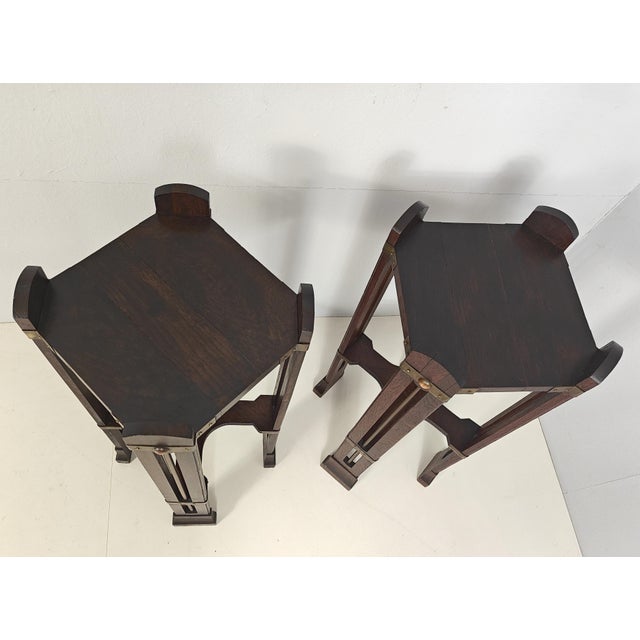 Wood Arts and Crafts Side Tables in Stained Oak and Brass and Copper Accents, 1890s, Set of 2 For Sale - Image 7 of 12