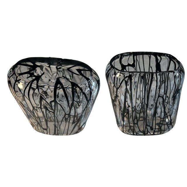 Transparent Black Graphic Pilchuk Torpedo Shaped & Rectangular Murano Style Art Glass Vases- A Pair For Sale - Image 8 of 18