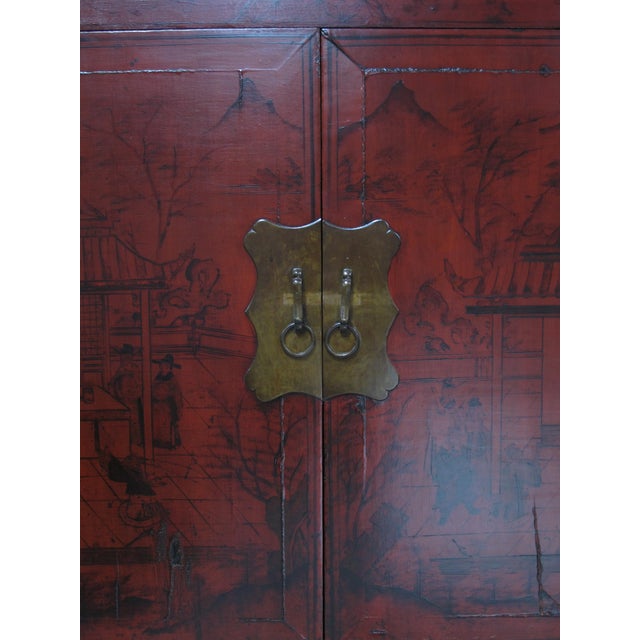 Wood 96" Tall Red Lacquer Antique Chinese Chinoiserie-Style Cabinet For Sale - Image 7 of 15